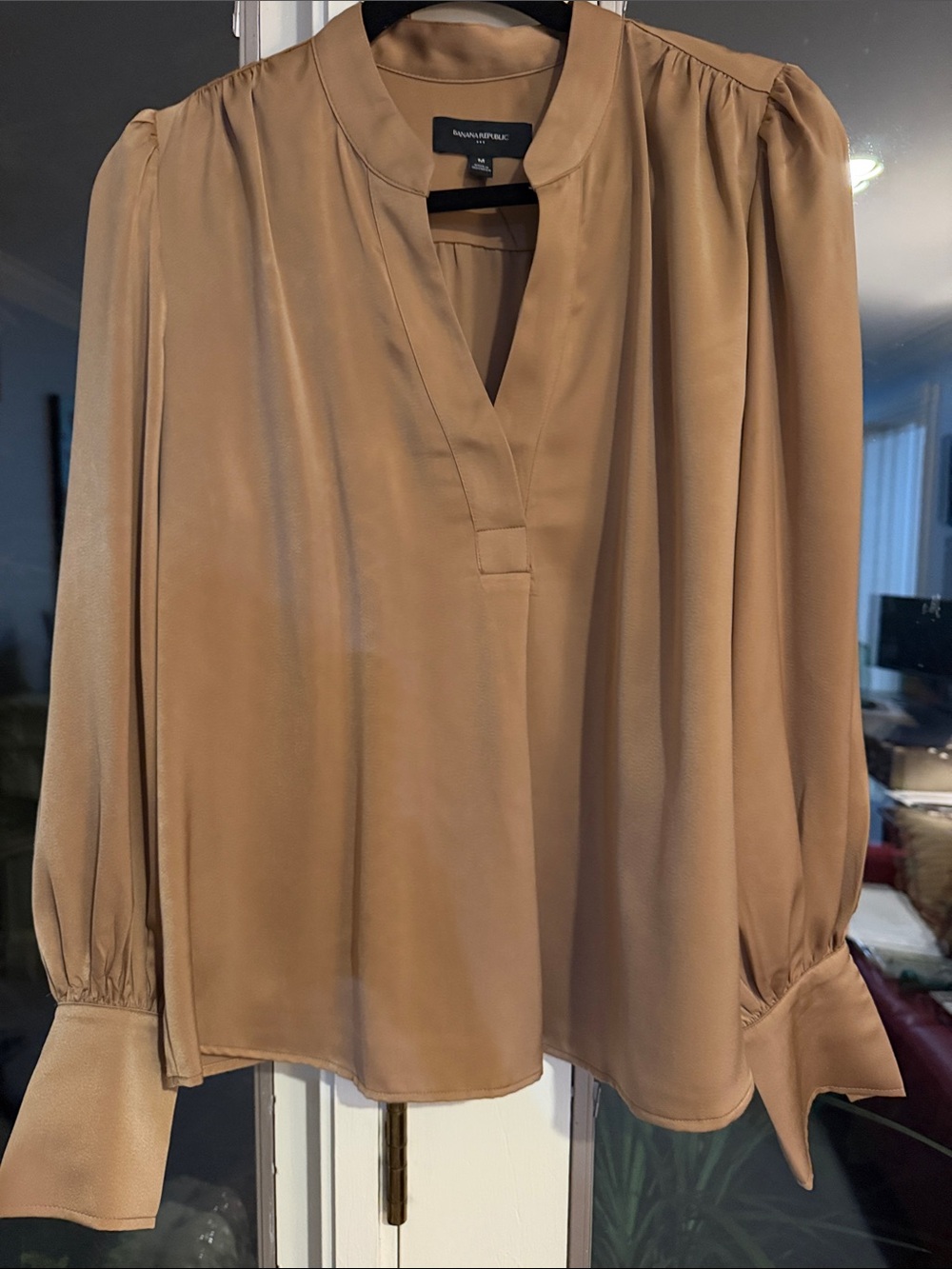 Banana Republic Camel Split V-Neck Blouse with Band Collar